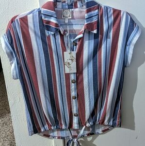 NWT Tru Self Ladies Striped Button Down Blouse M